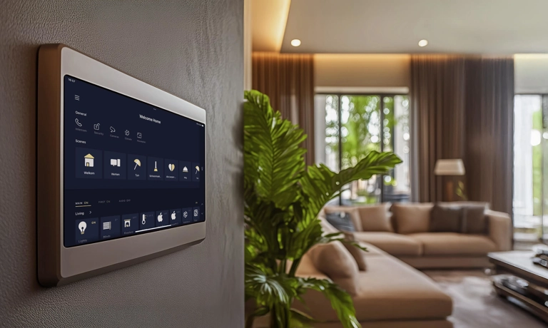 Een touchscreen in een smarthome woonkamer